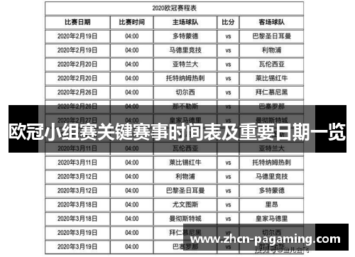 欧冠小组赛关键赛事时间表及重要日期一览