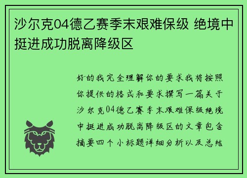 沙尔克04德乙赛季末艰难保级 绝境中挺进成功脱离降级区